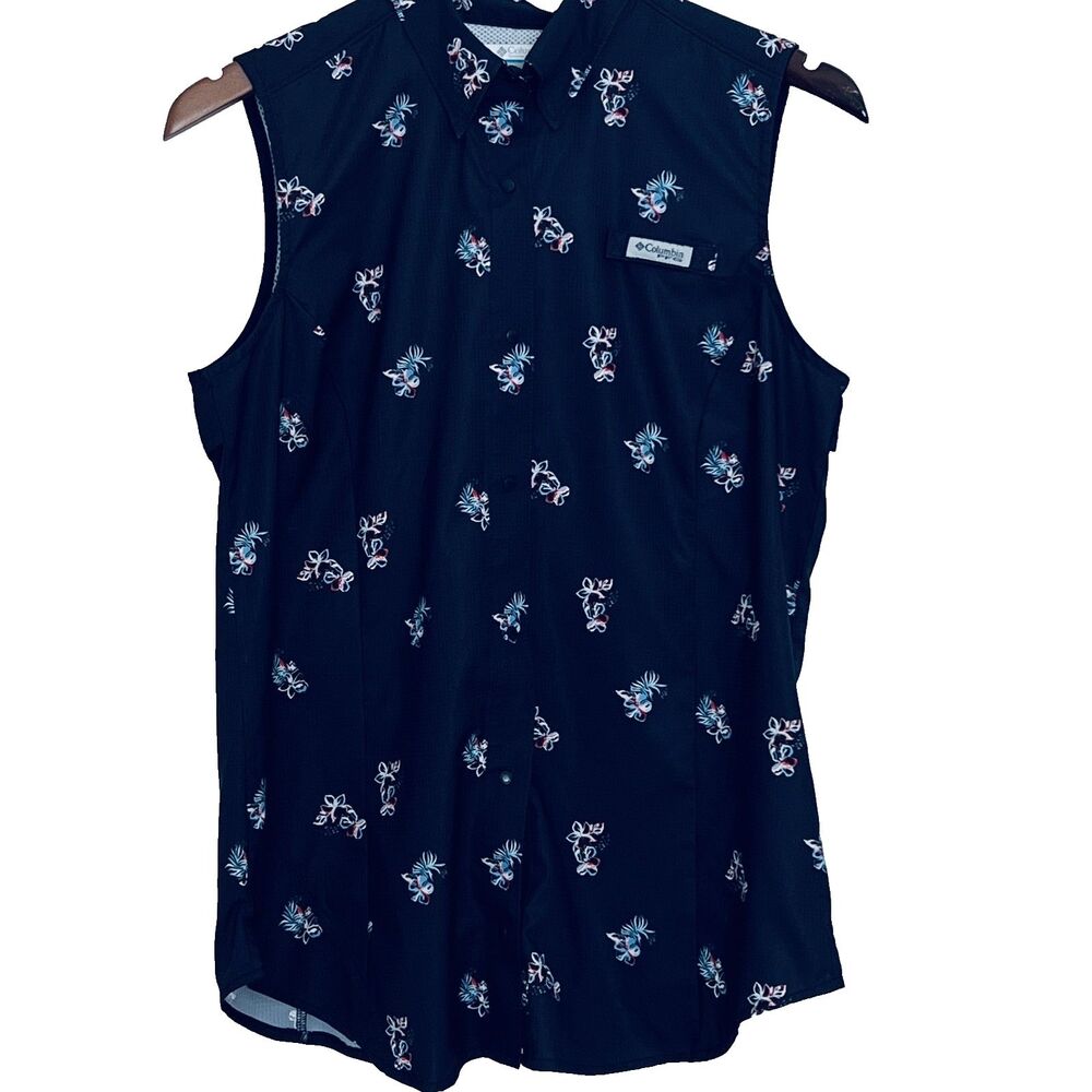 Columbia Womens Shirt M Blue Embroidered Sleeveless Fishing Venting Snaps